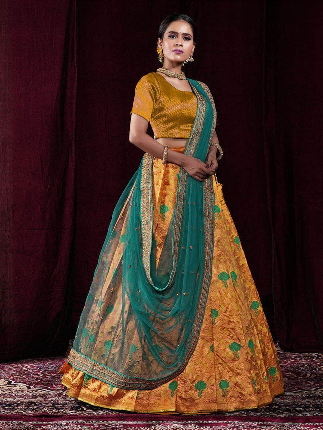 halfsaree studio gold-toned & green semi-stitched lehenga & unstitched blouse with dupatta