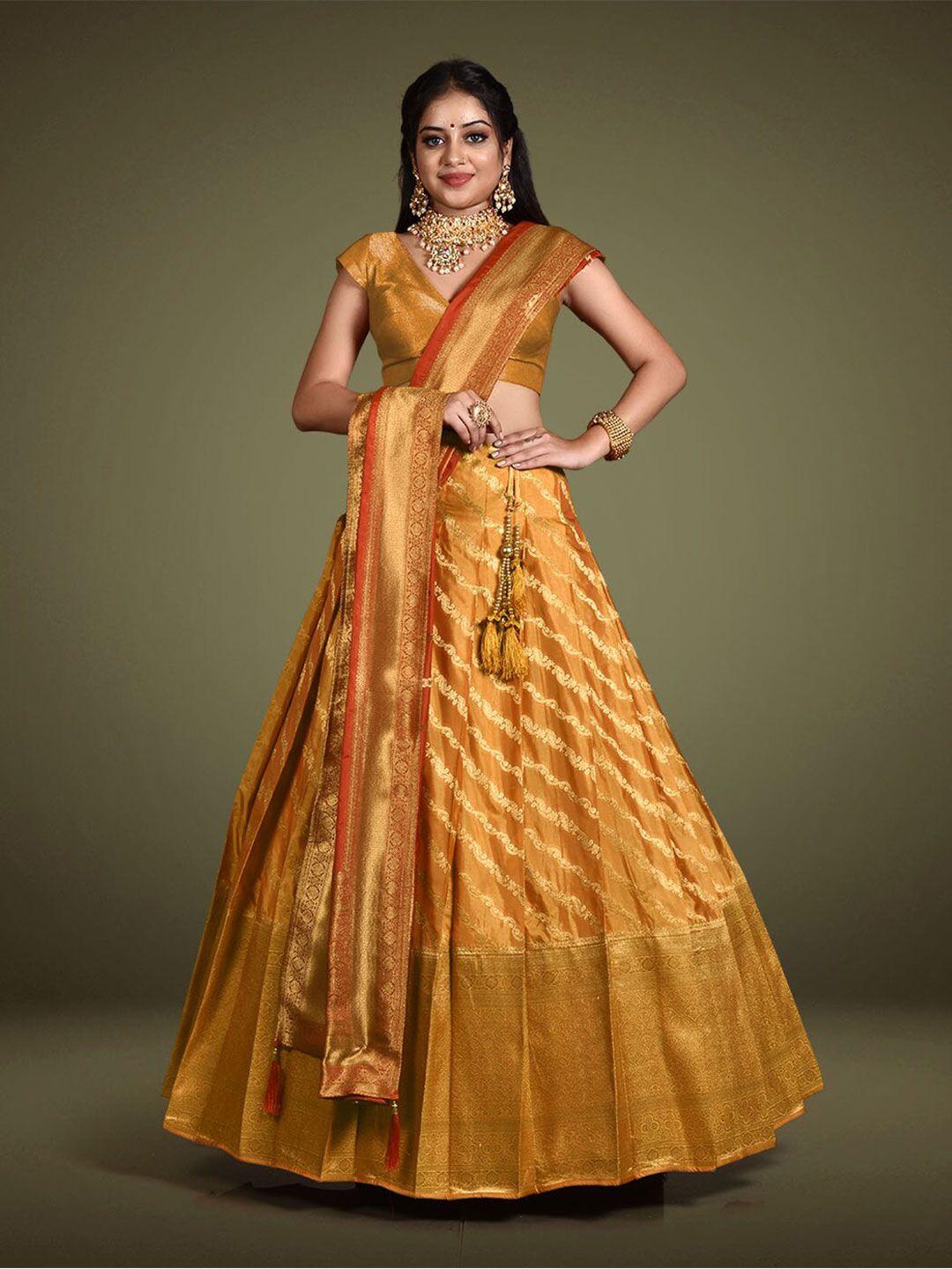 halfsaree studio gold-toned & red semi-stitched lehenga & unstitched blouse with dupatta