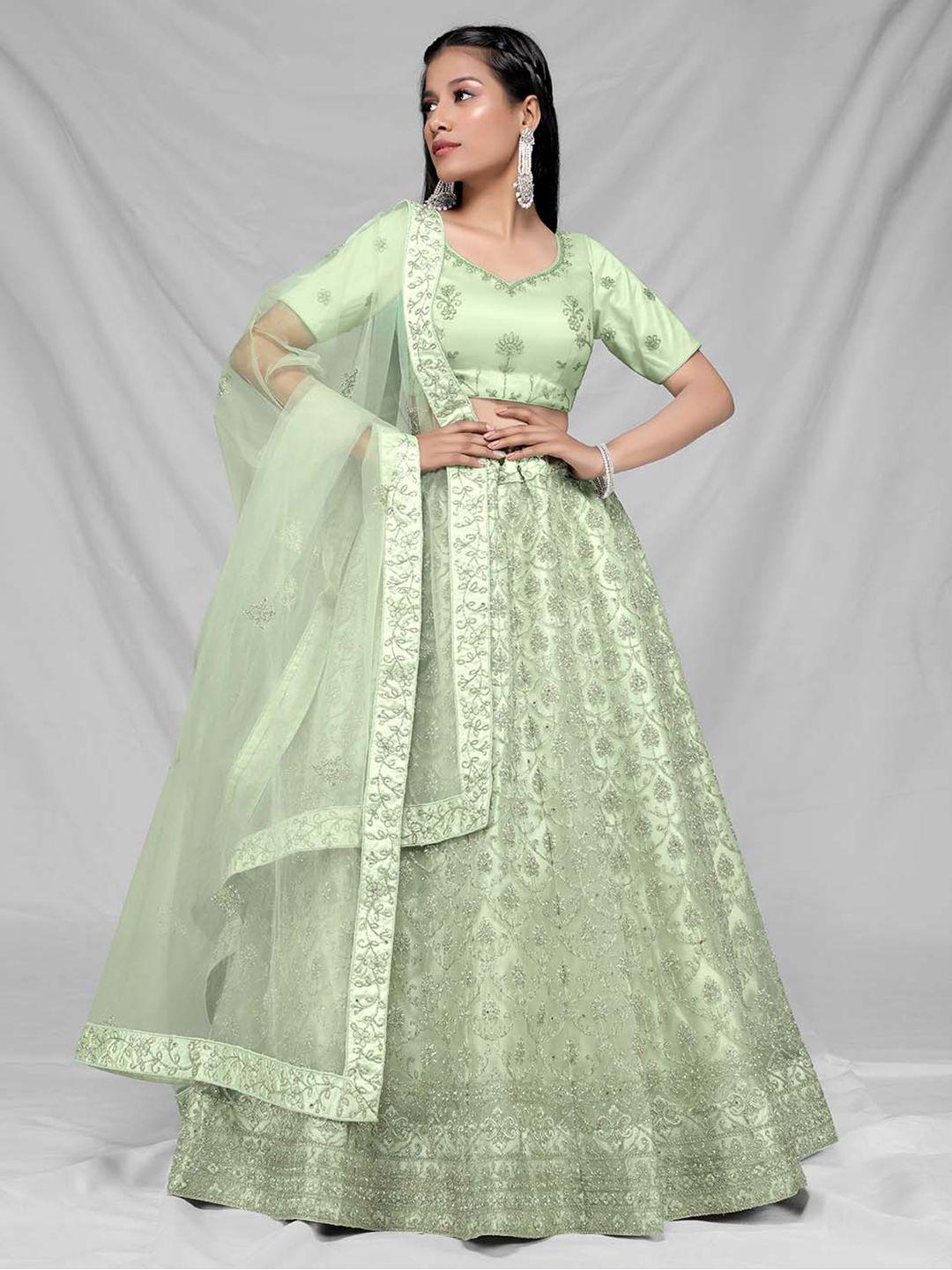 halfsaree studio green & embroidered semi-stitched lehenga & unstitched blouse with dupatta