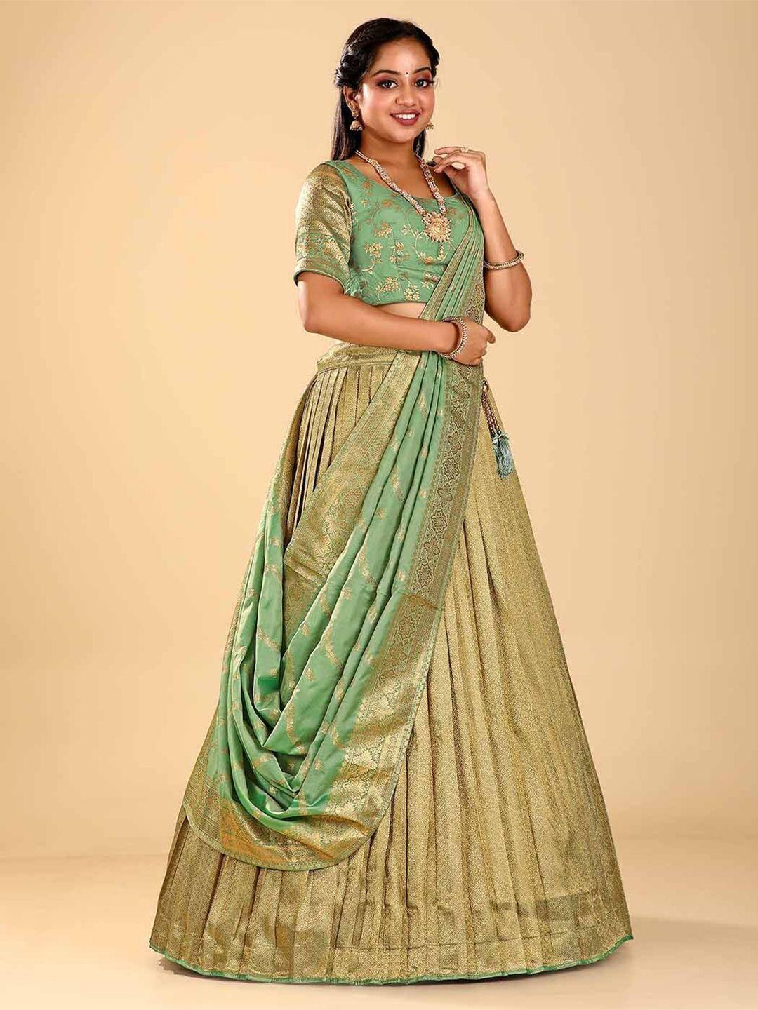 halfsaree studio green & gold-toned semi-stitched lehenga & unstitched blouse with dupatta