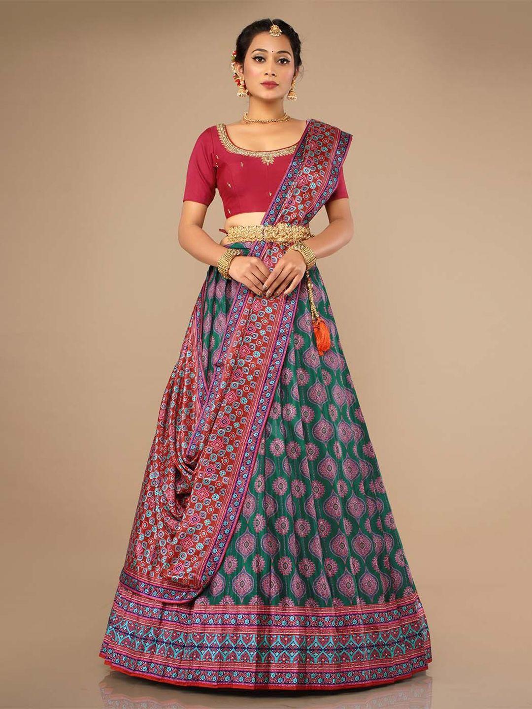 halfsaree studio green & printed zardozi semi-stitched lehenga & unstitched blouse with dupatta