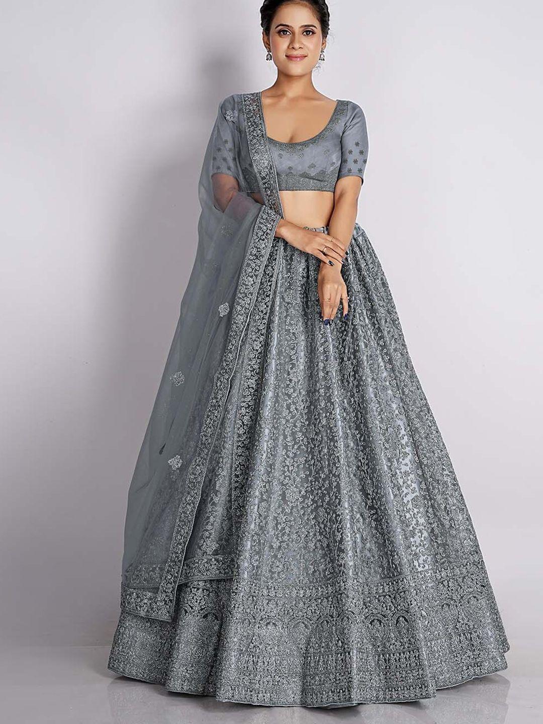 halfsaree studio grey & embroidered semi-stitched lehenga & unstitched blouse with dupatta