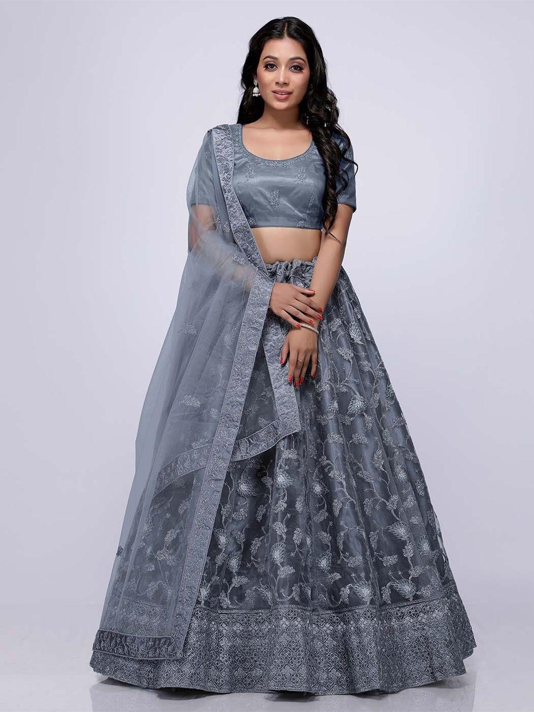 halfsaree studio grey & embroidered semi-stitched lehenga & unstitched blouse with dupatta