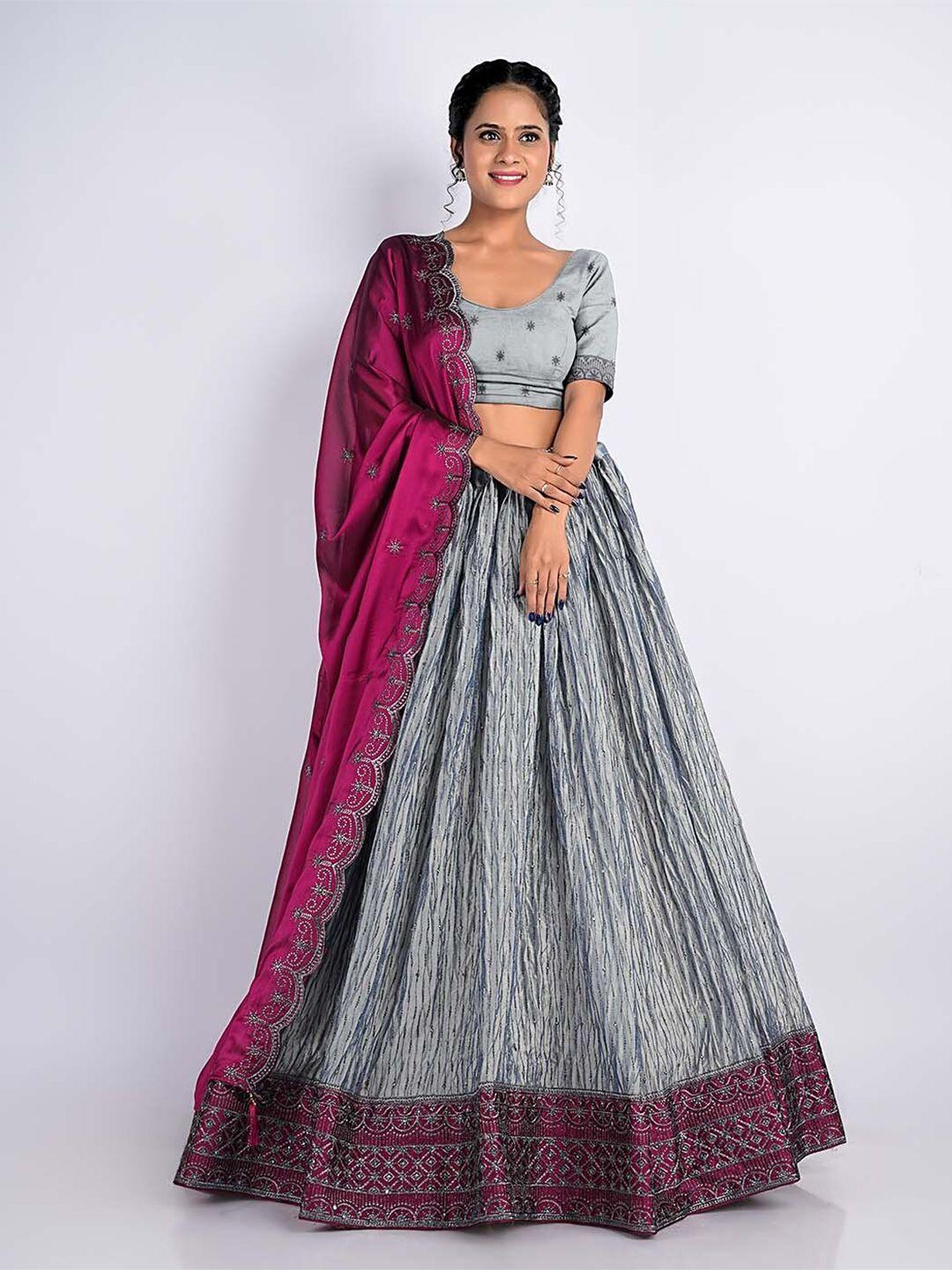 halfsaree studio grey & pink embroidered semi-stitched lehenga & unstitched blouse with dupatta