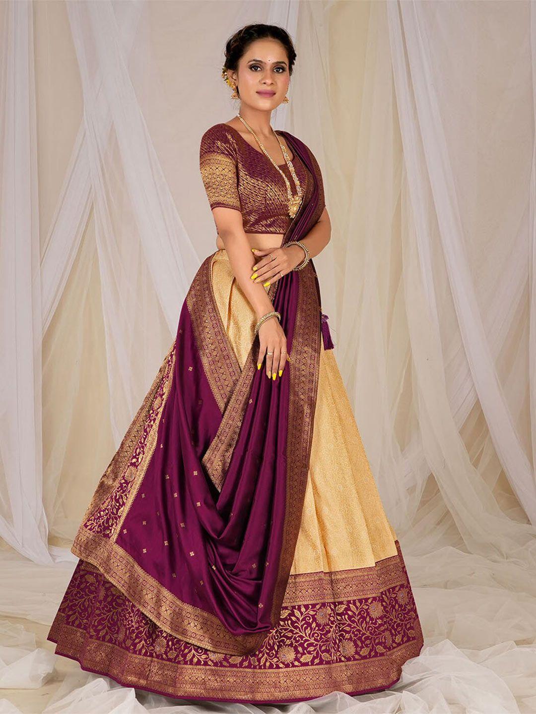 halfsaree studio peach-coloured & purple semi-stitched lehenga & unstitched blouse with dupatta