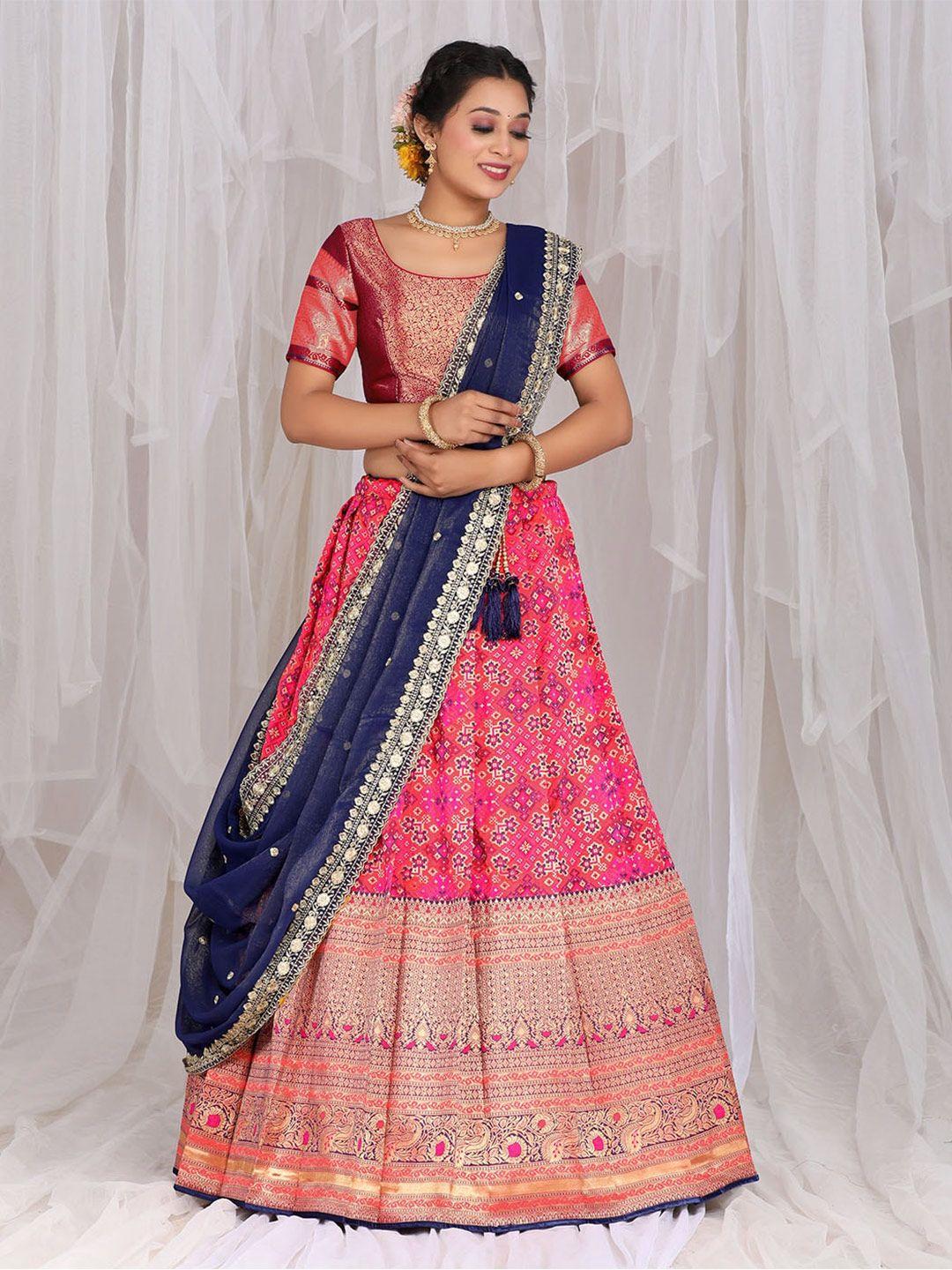 halfsaree studio pink & blue semi-stitched lehenga & unstitched blouse with dupatta