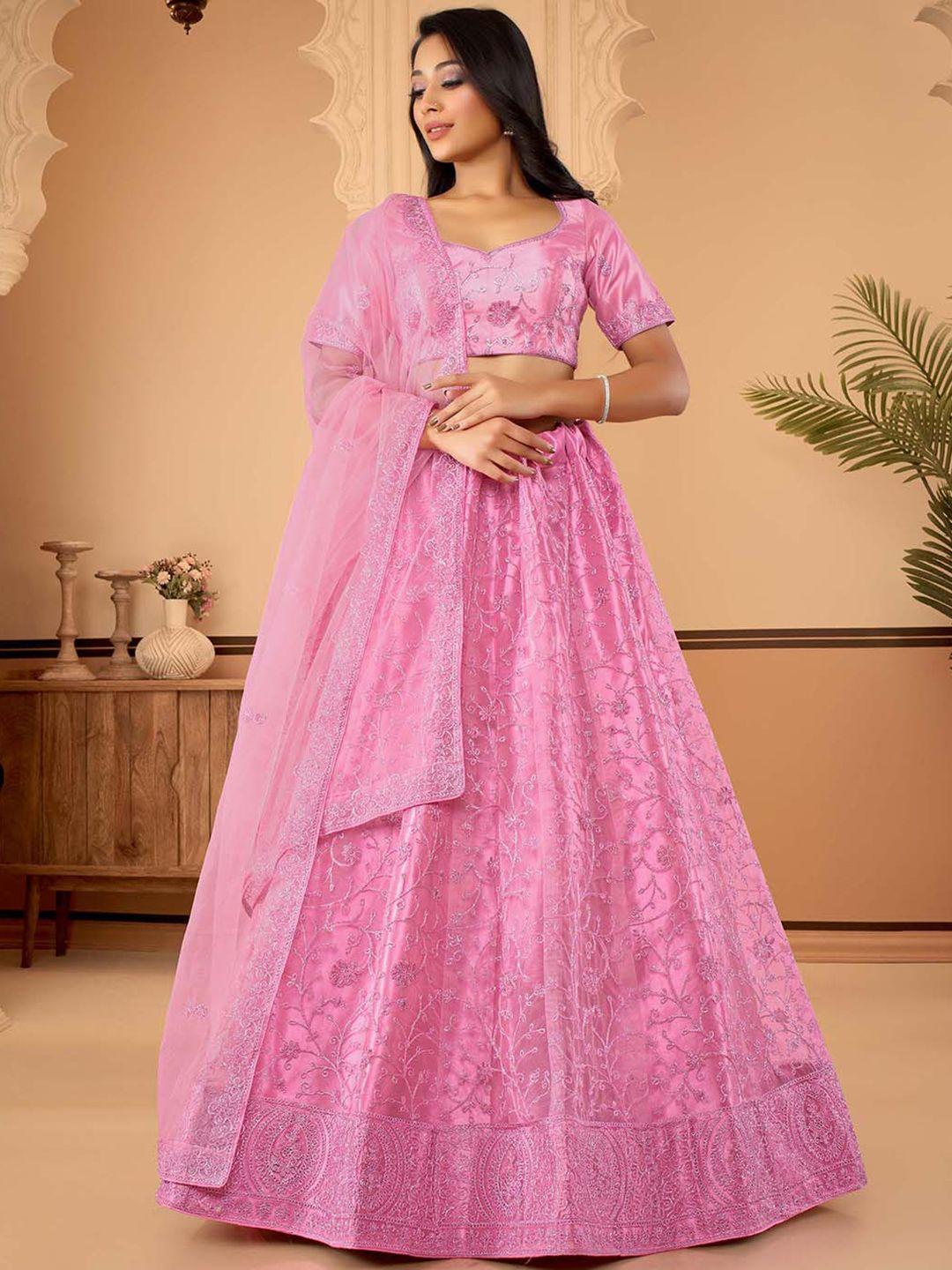 halfsaree studio pink & embroidered semi-stitched lehenga & unstitched blouse with dupatta