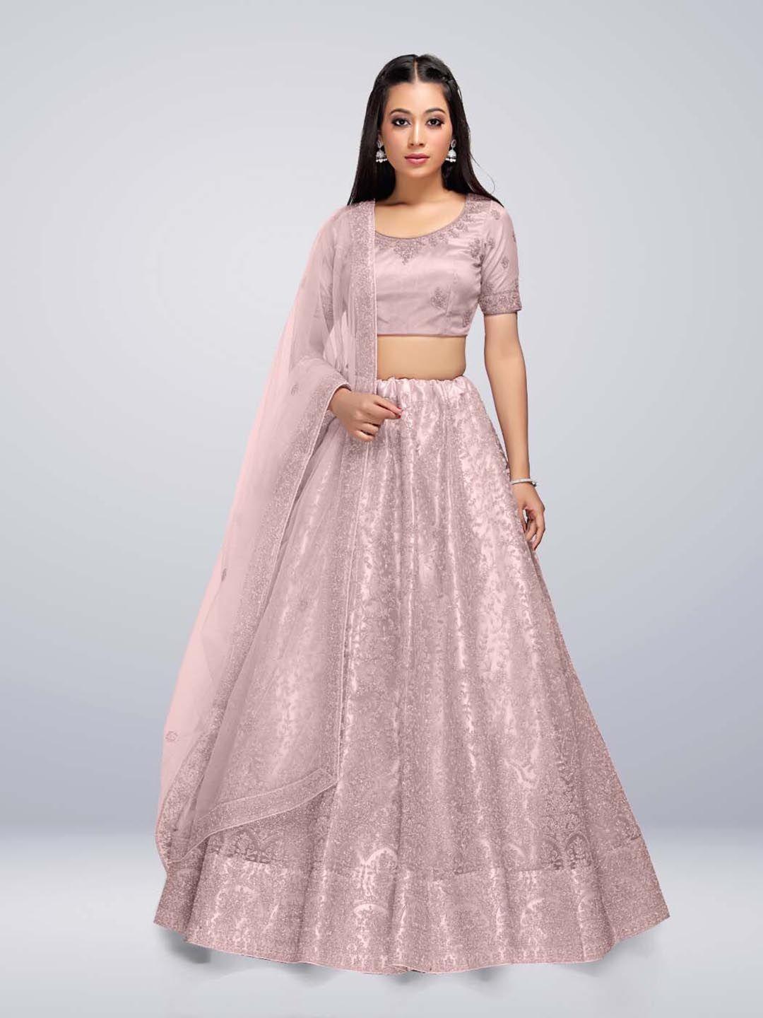 halfsaree studio pink & embroidered semi-stitched lehenga & unstitched blouse with dupatta