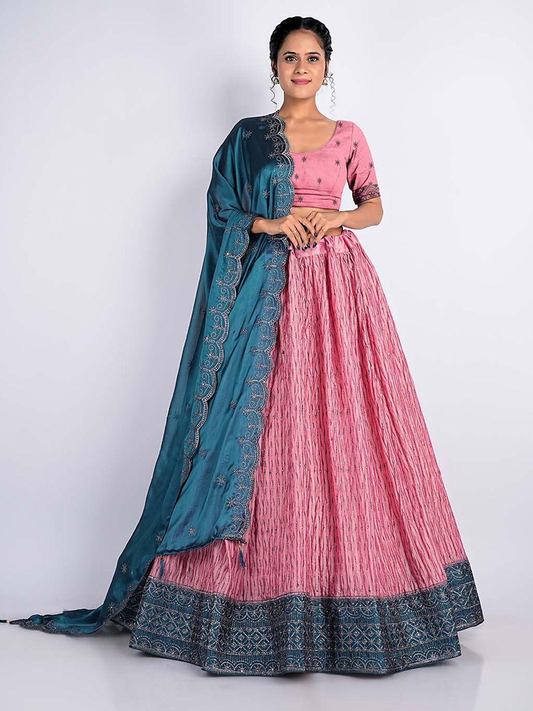 halfsaree studio pink & teal embroidered semi-stitched lehenga & unstitched blouse with dupatta