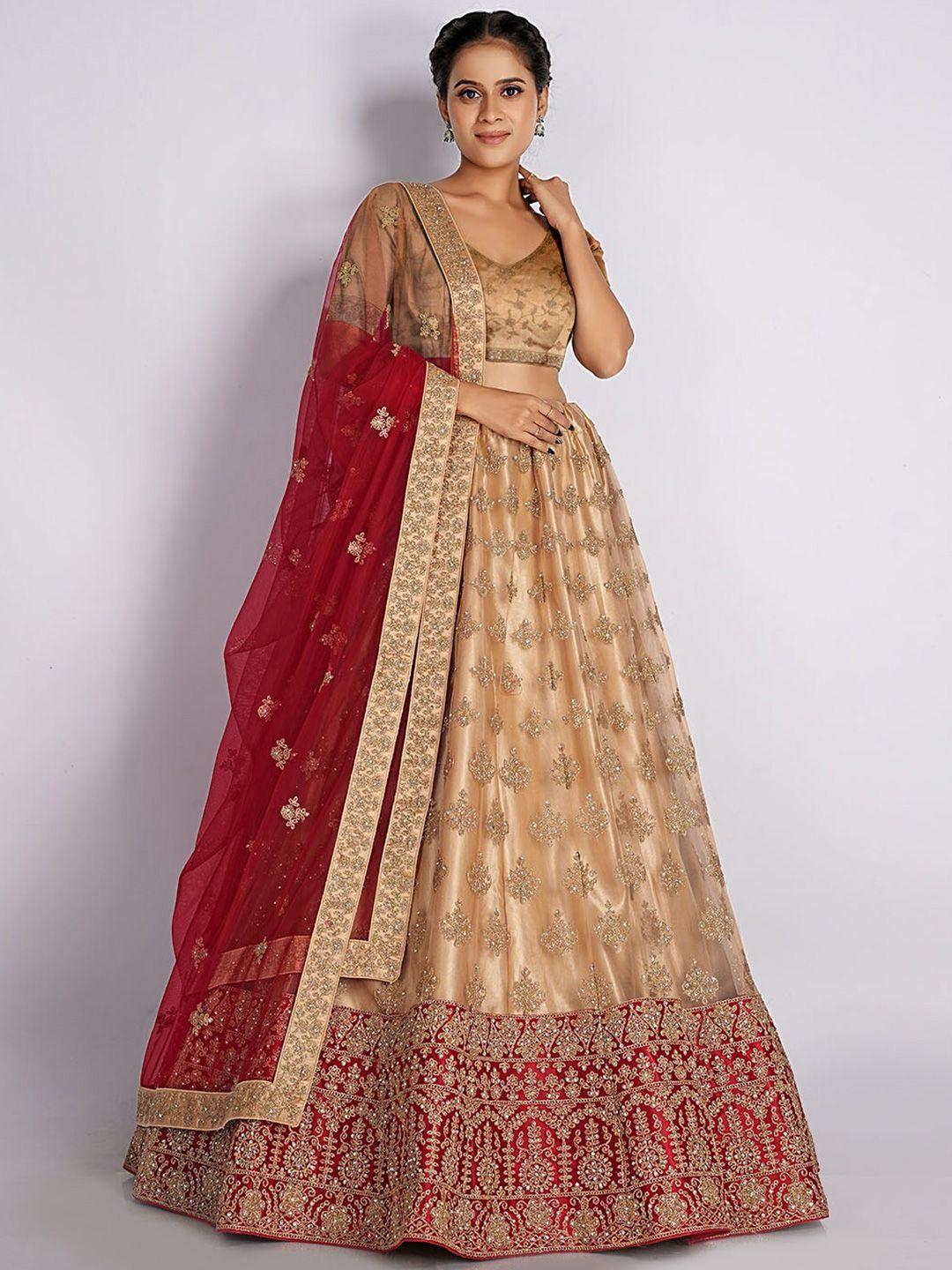 halfsaree studio red & embroidered semi-stitched lehenga & unstitched blouse with dupatta