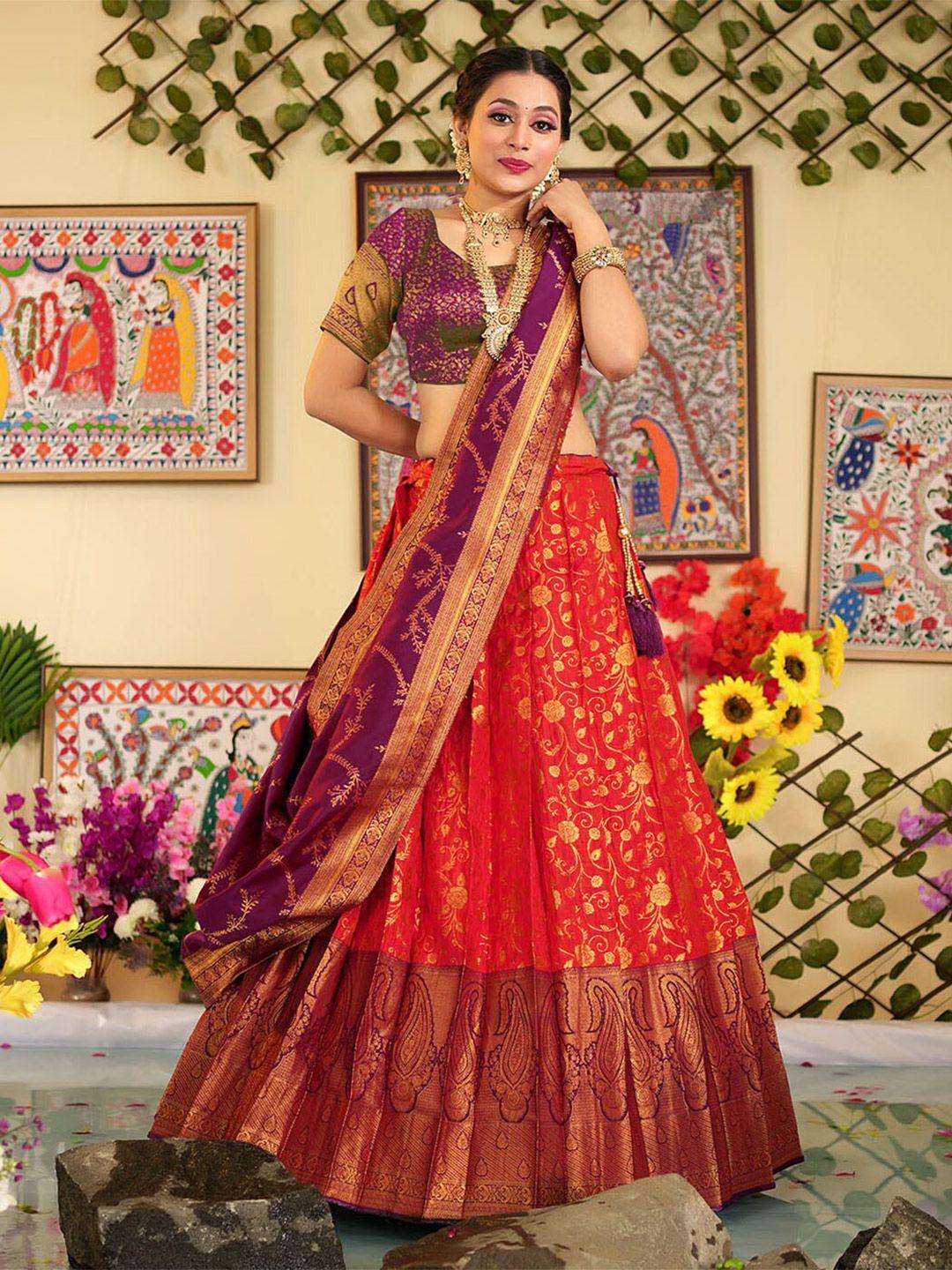 halfsaree studio red & purple semi-stitched lehenga & unstitched blouse with dupatta