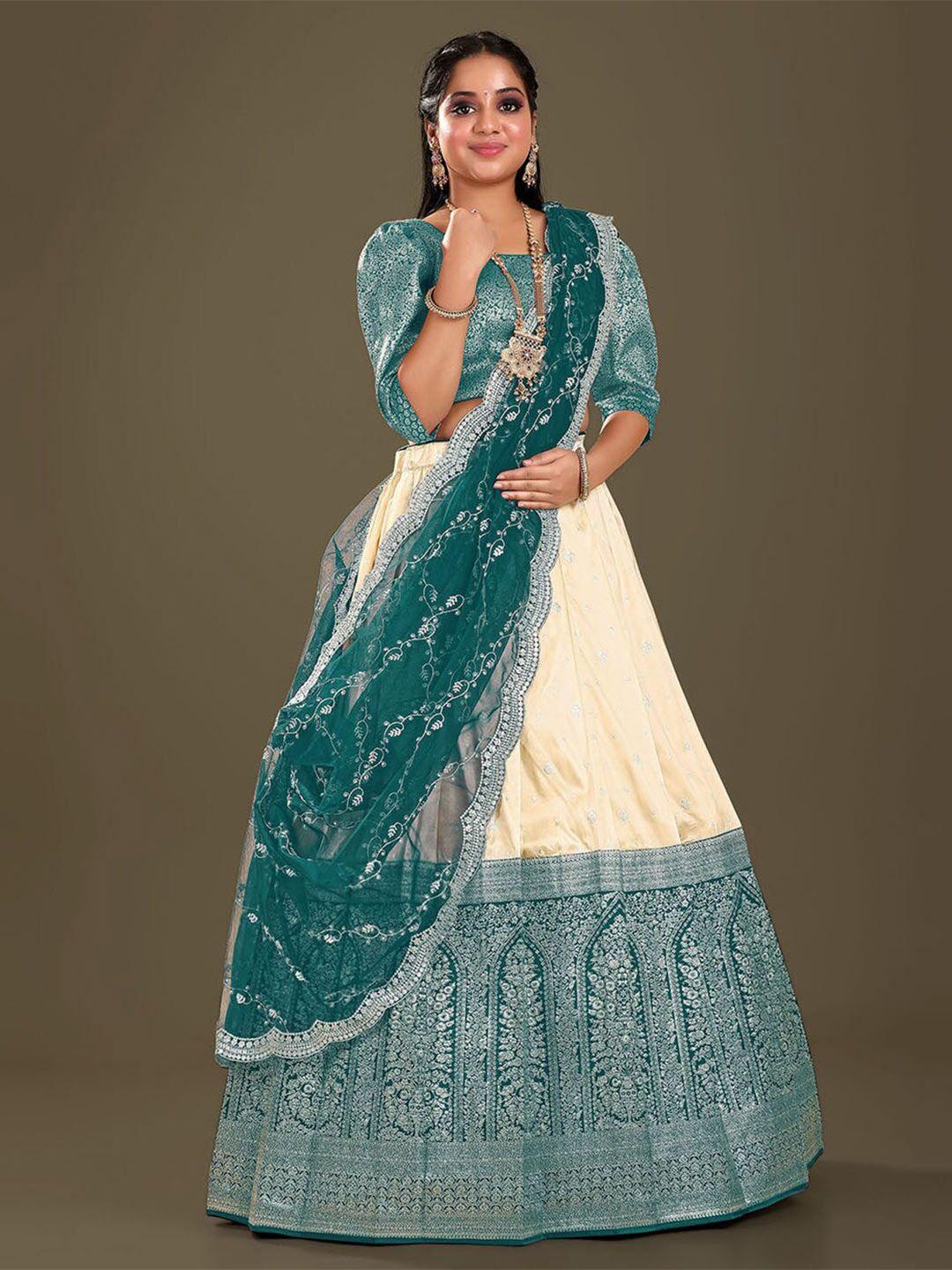 halfsaree studio teal & cream-coloured semi-stitched lehenga & unstitched blouse with dupatta