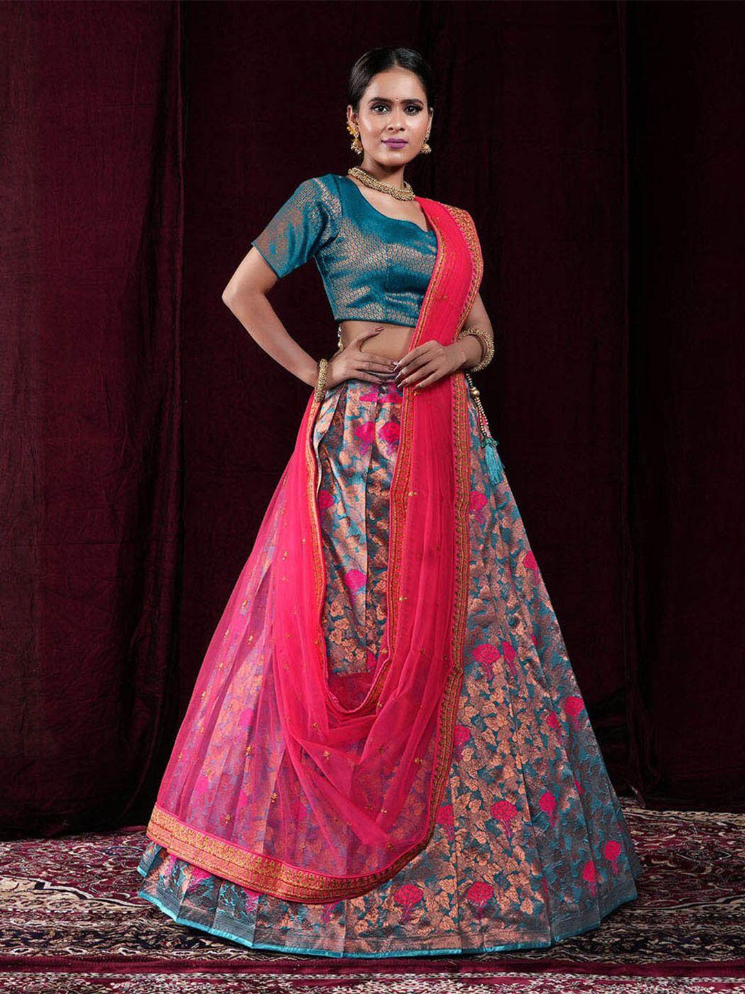 halfsaree studio teal & pink semi-stitched lehenga & unstitched blouse with dupatta