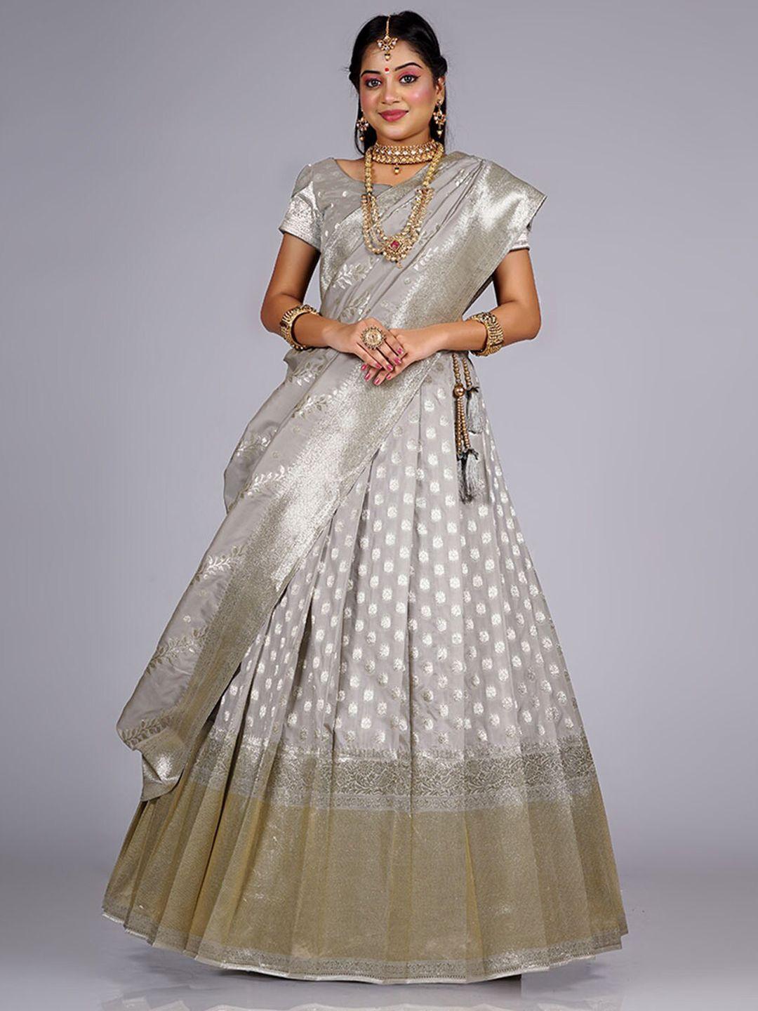 halfsaree studio white & gold-toned semi-stitched lehenga & unstitched blouse with dupatta