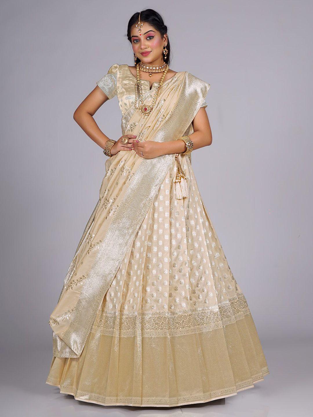halfsaree studio white & gold-toned semi-stitched lehenga & unstitched blouse with dupatta