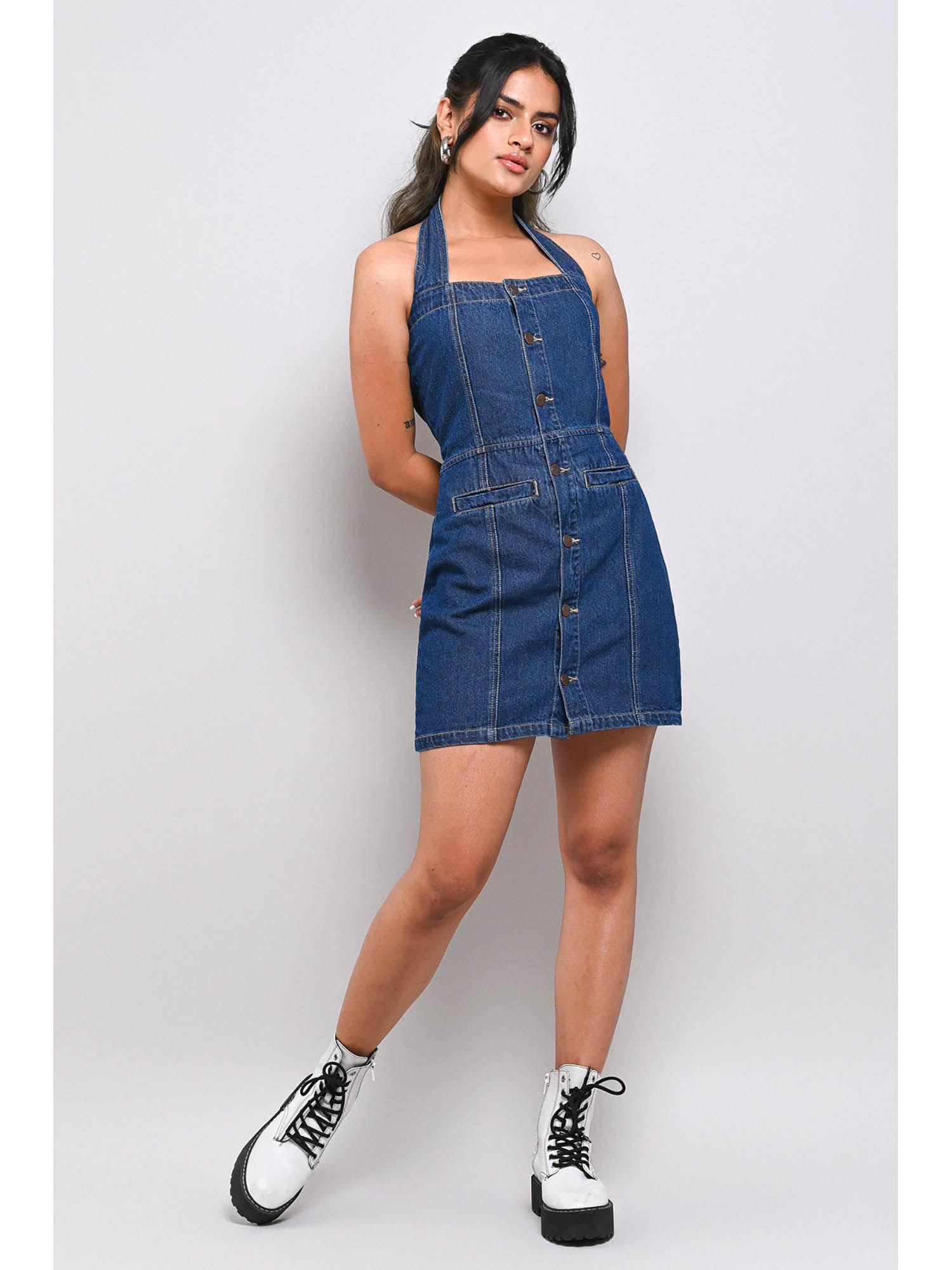 halter fitted denim dress