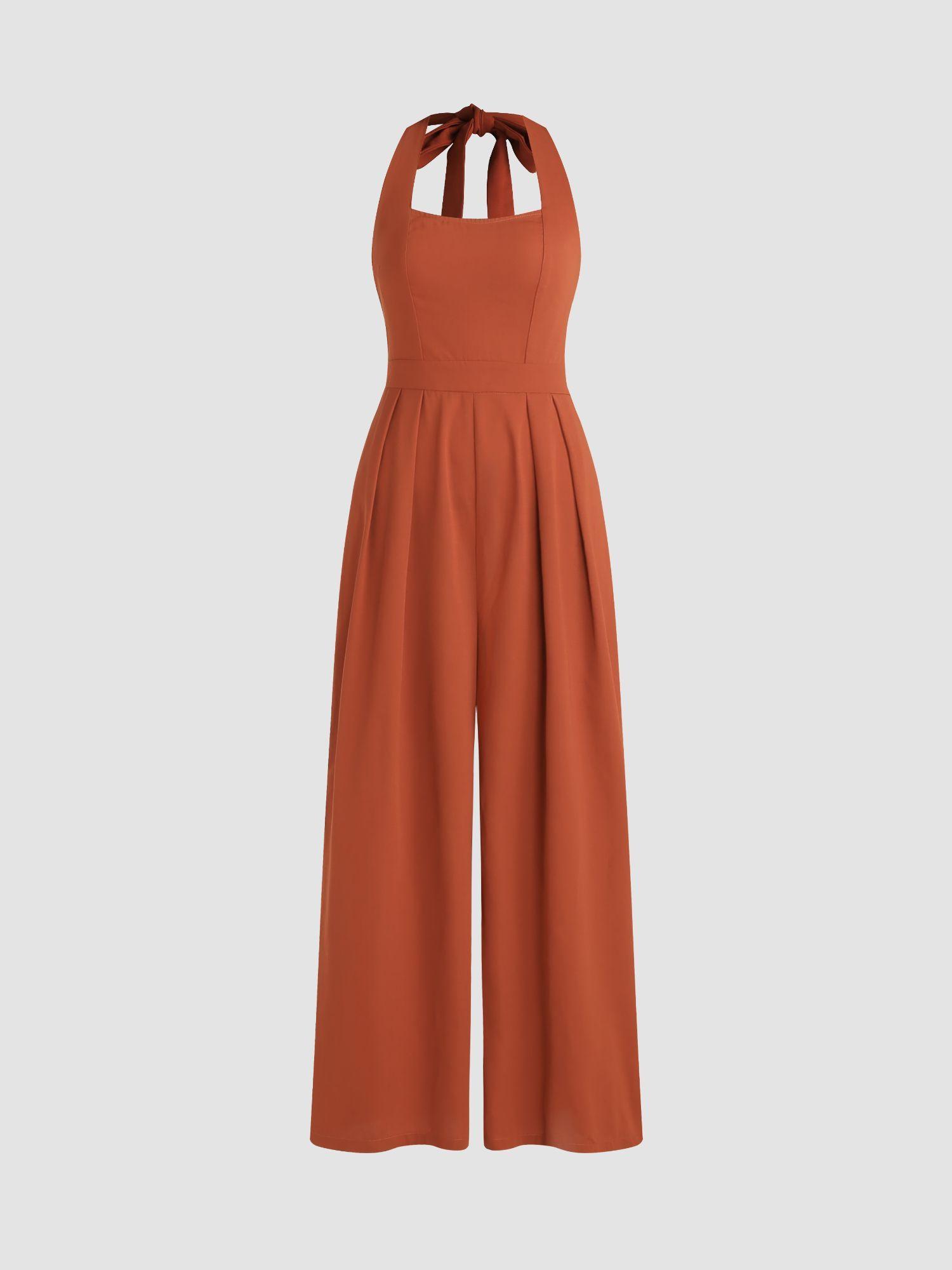 halter knotted pleated wide leg jumpsuit