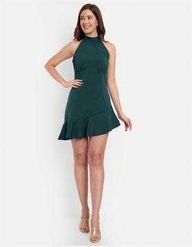 halter-neck empire dress with ruffled hem