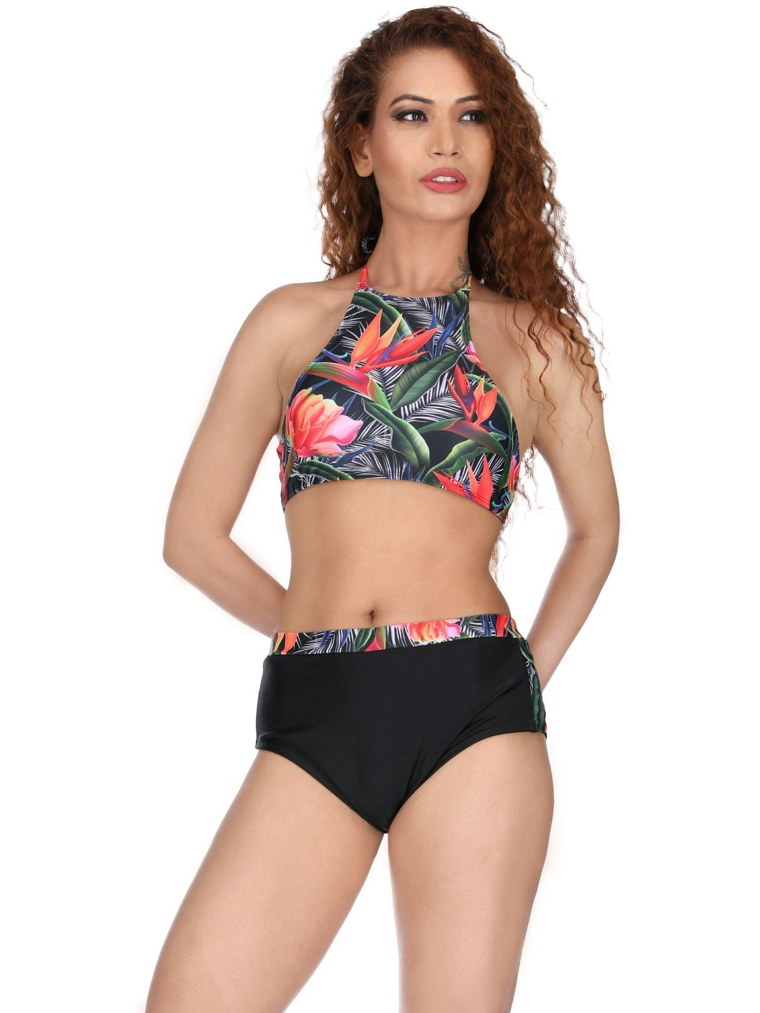 halter neck floral print two piece swimsuit high waist shorts (set of 2)