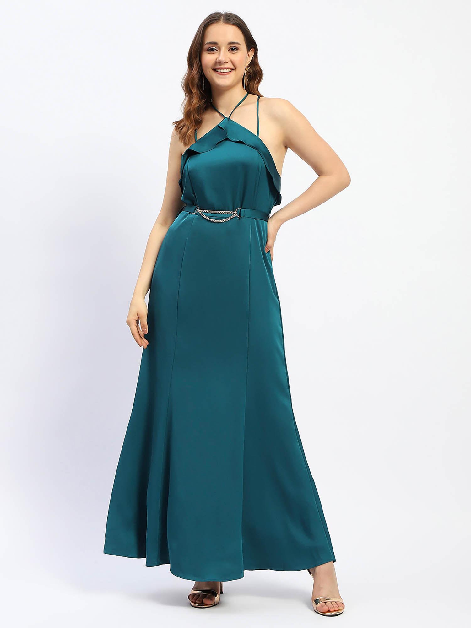 halter neck metal accented belt teal maxi dress