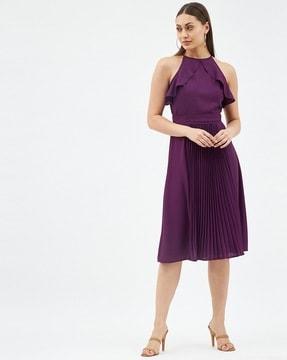 halter-neck pleated a-line dress