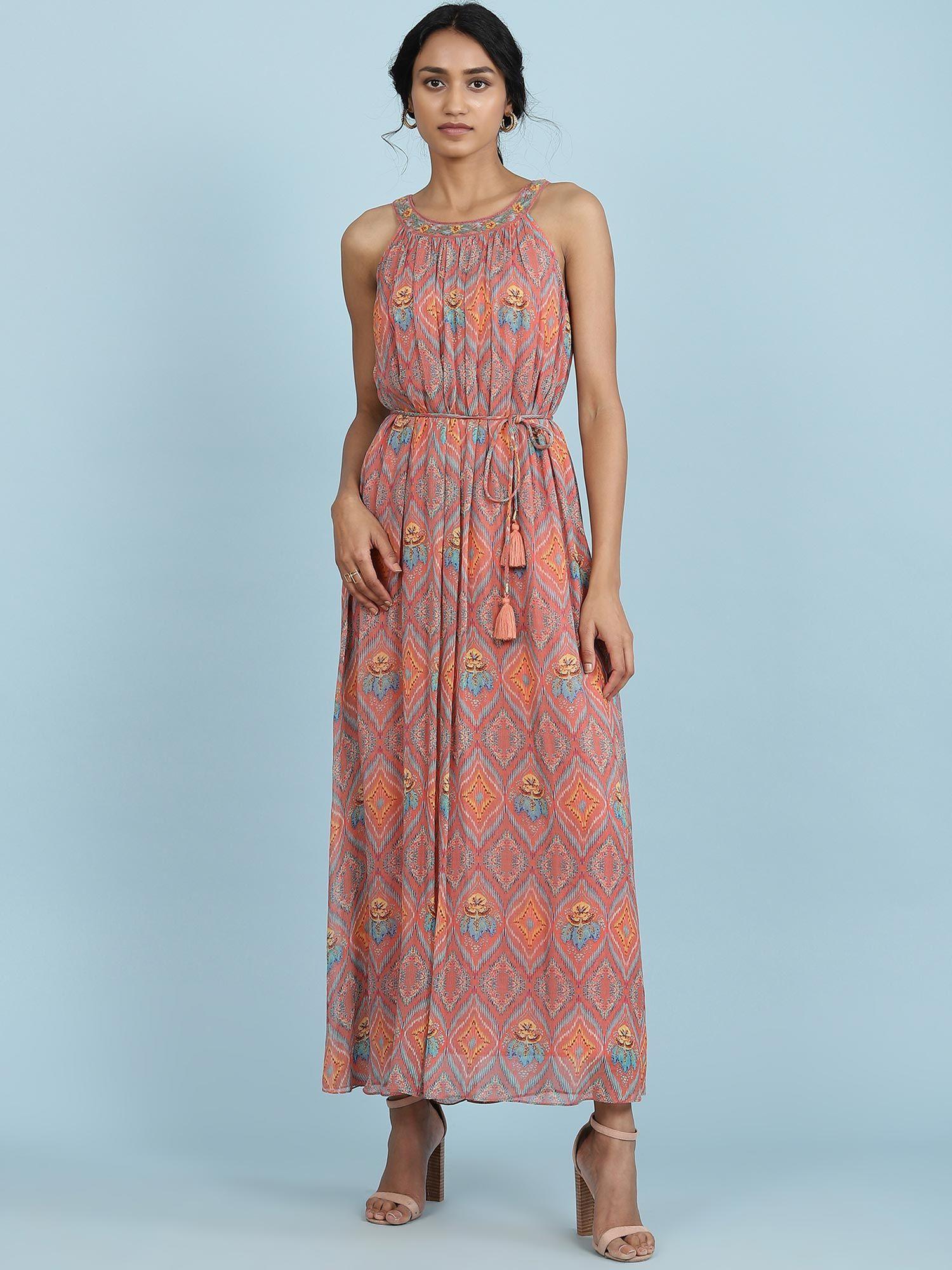 halter neck printed long dress