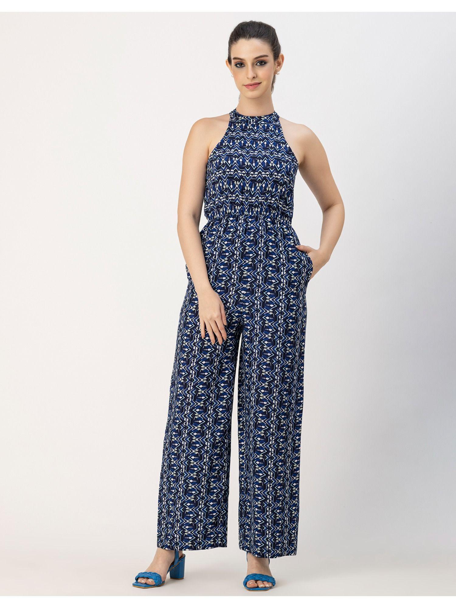 halter neck printed rayon summer jumpsuit