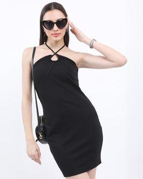 halter-neck ruched bodycon dress