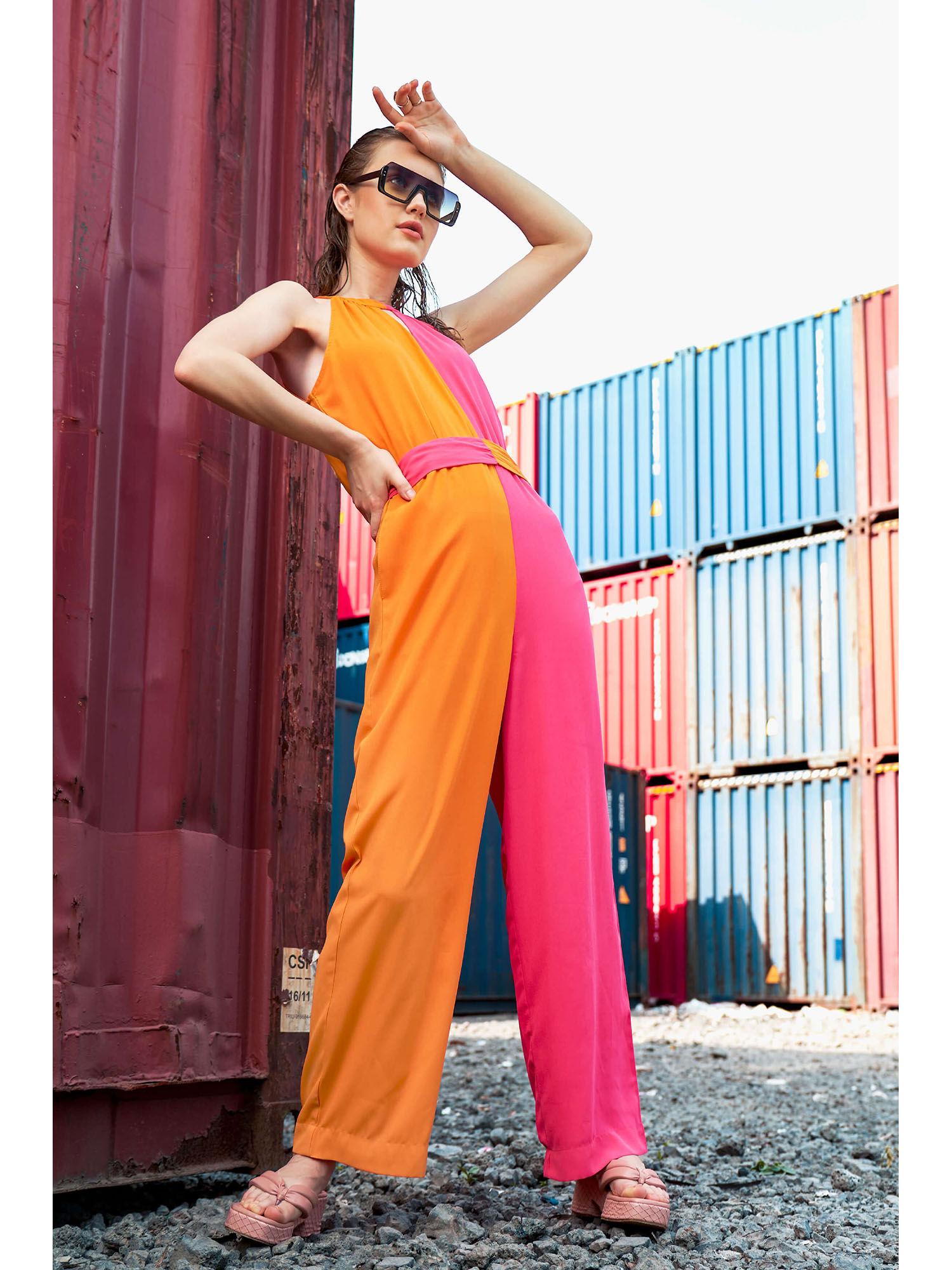 halter neck tie up belt jumpsuit