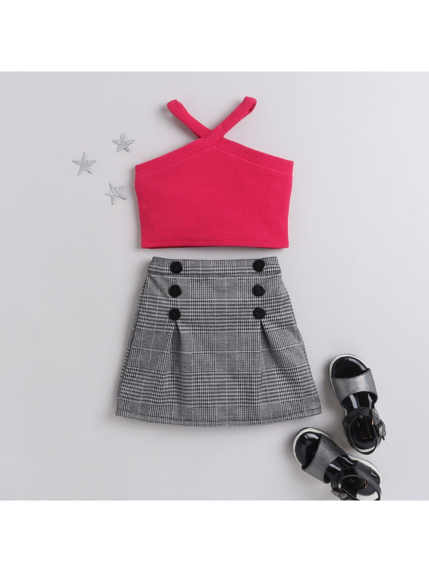 halter neck top and checked printed button detail skirt-pink & black (set of 2)