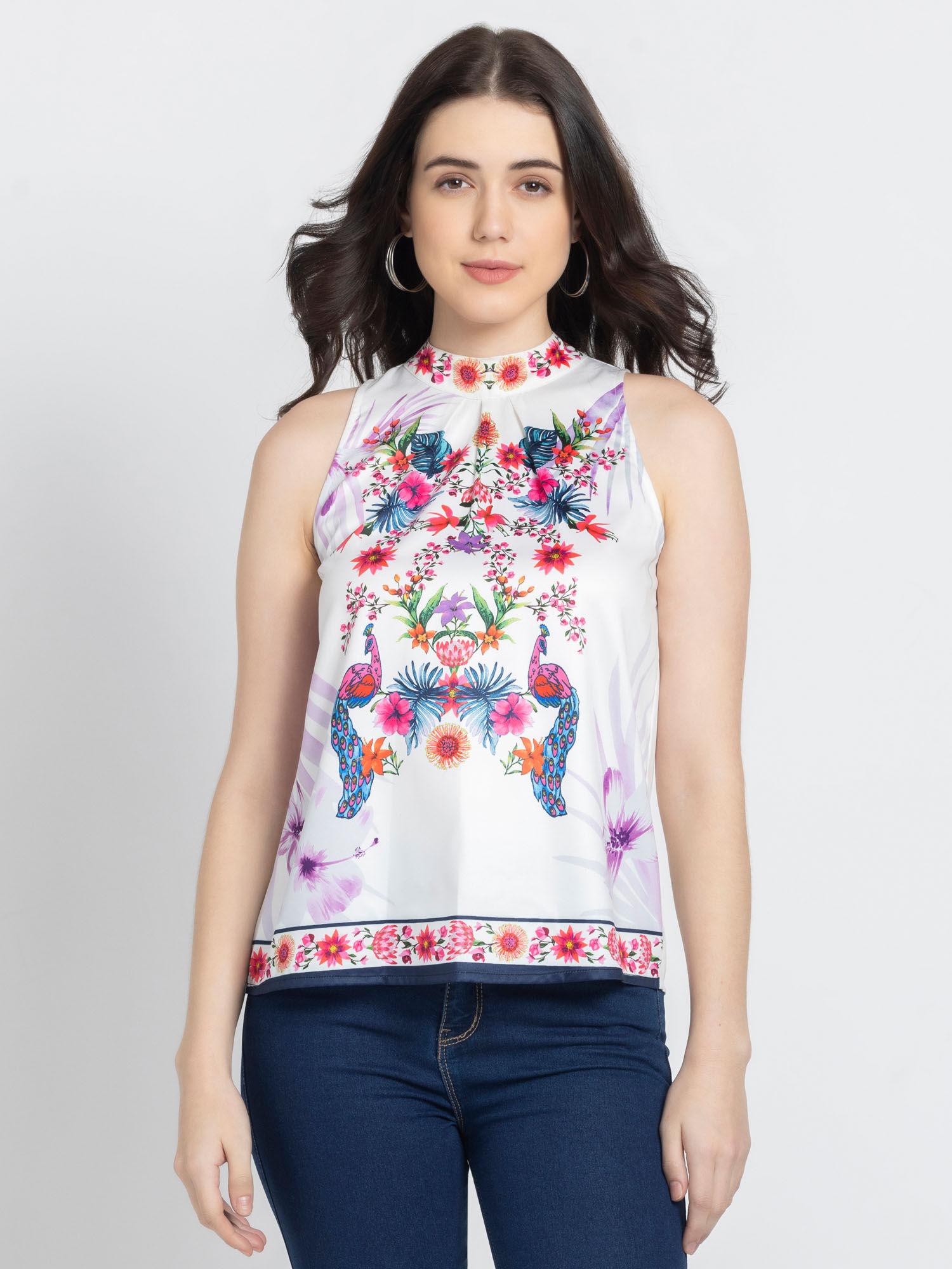 halter neck white floral print sleeveless casual top for women