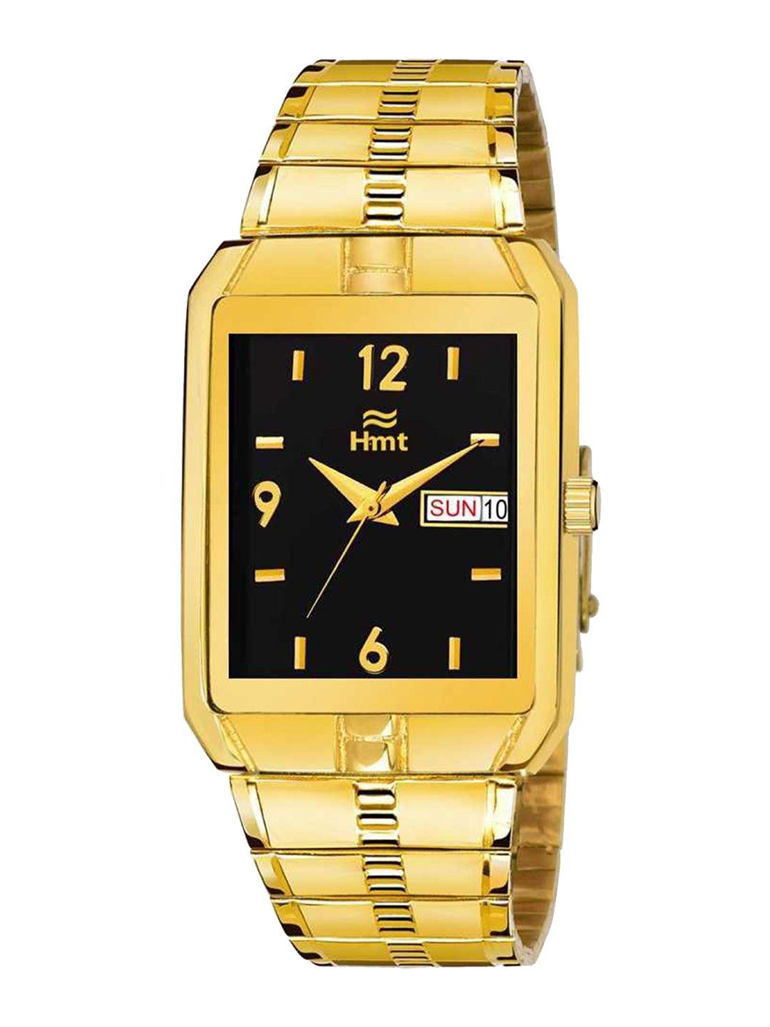 hamt men black brass dial & gold toned bracelet style straps analogue watch ht-gsq005-blk-ch