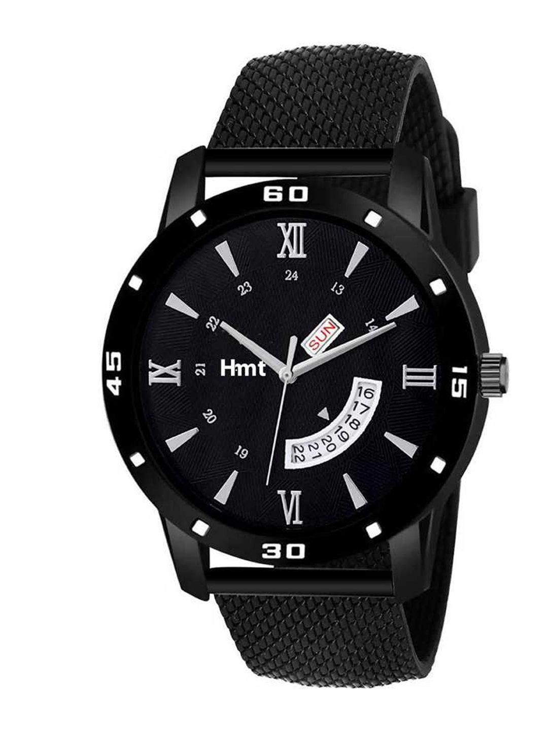 hamt men black brass embellished dial & black straps analogue watch ht-gr007-blk-blk