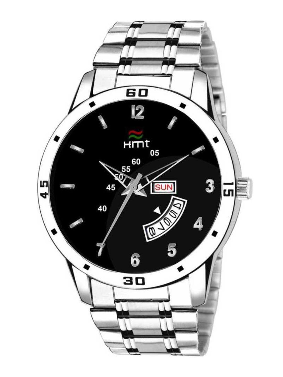hamt men black brass printed dial & silver toned bracelet style straps analogue watch ht-gr1017-blk-ch