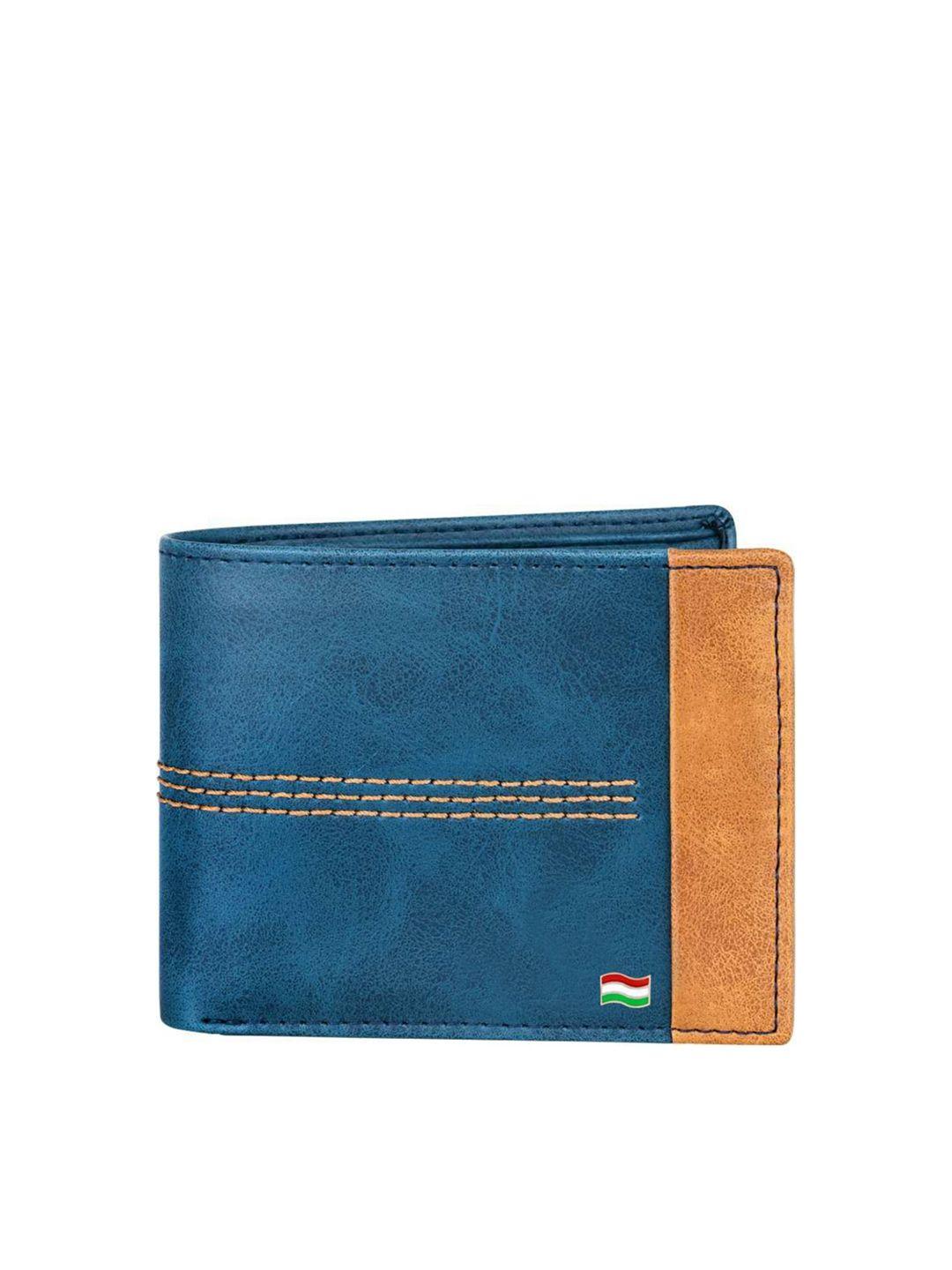 hamt men blue & brown leather two fold wallet