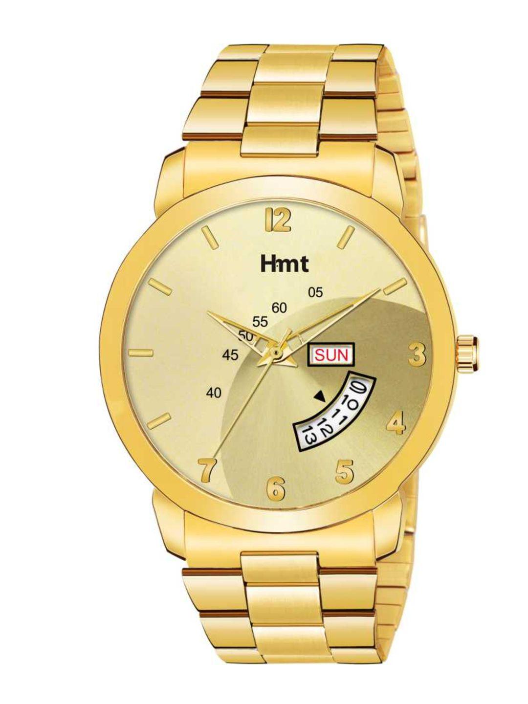 hamt men gold-toned brass dial & gold toned bracelet style straps analogue watch ht-gr007-gld-ch