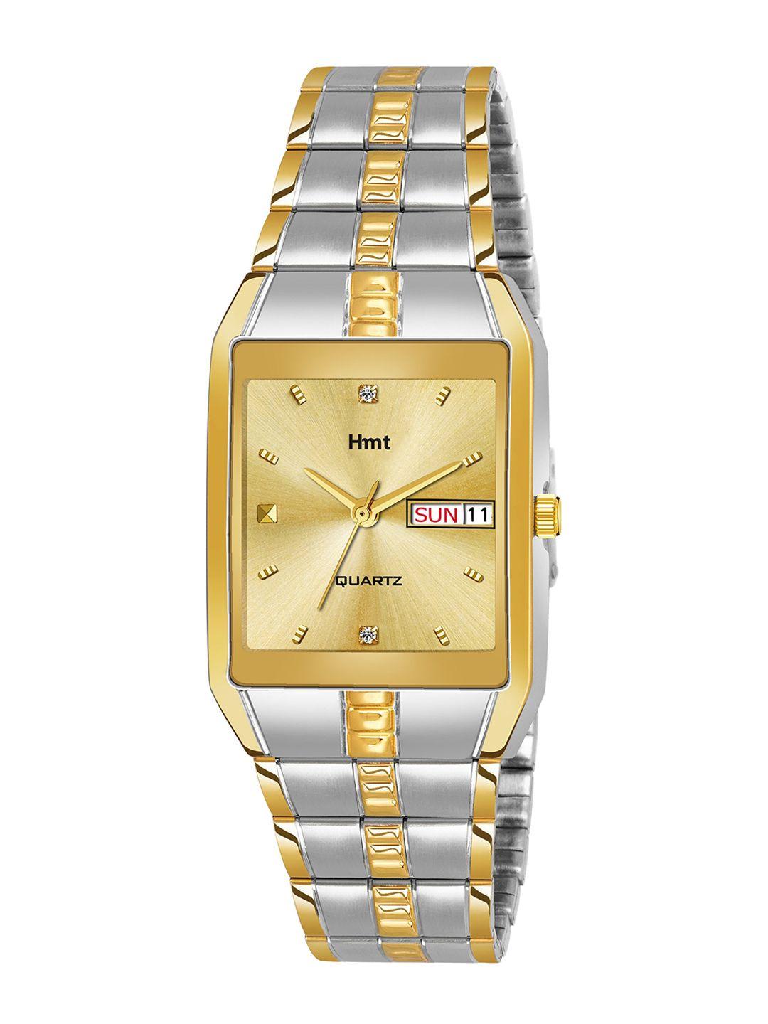 hamt men gold-toned brass dial & silver toned stainless steel bracelet style straps analogue watch