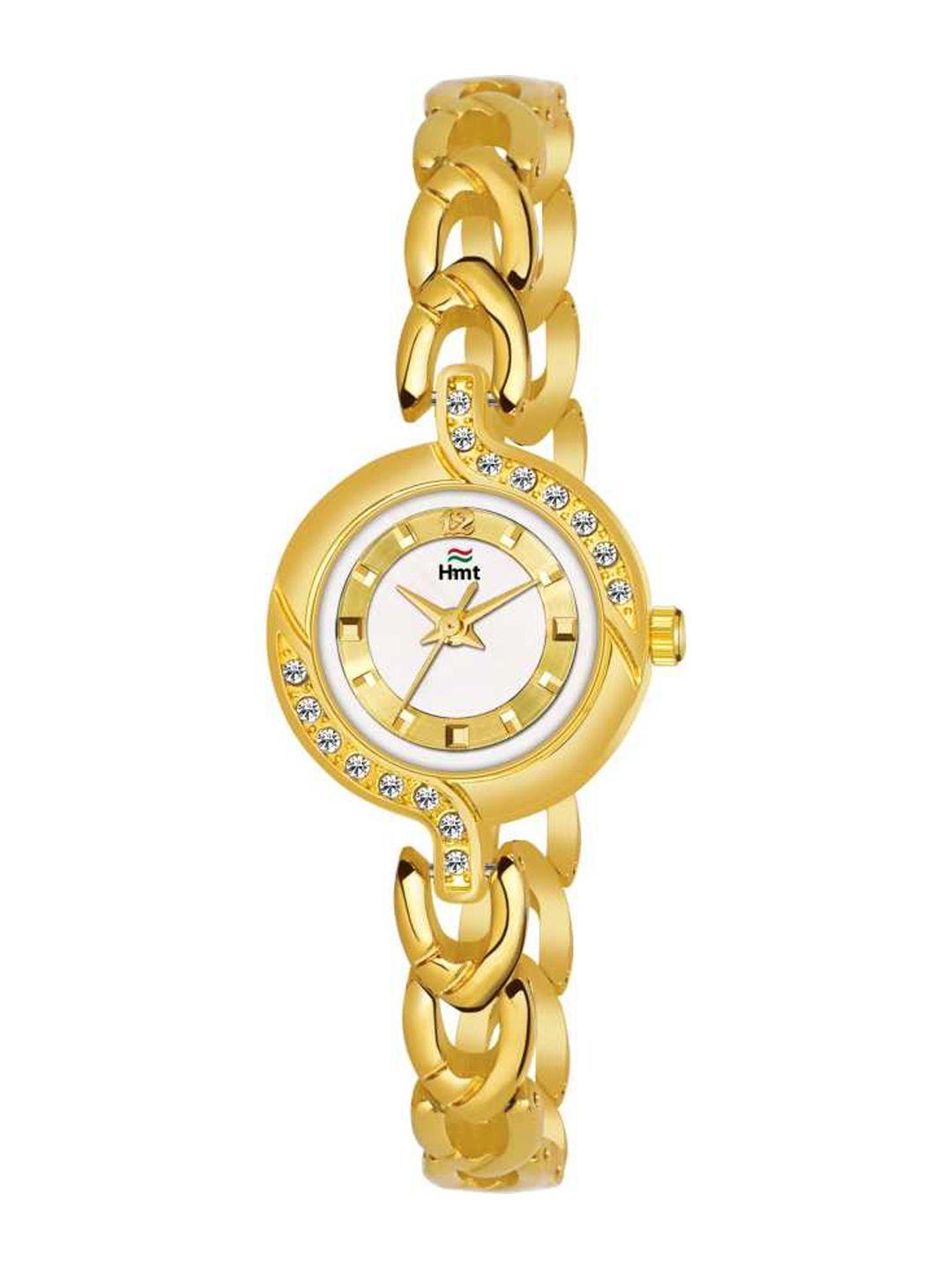 hamt women white brass embellished dial & gold toned analogue watch ht-lr0010-wht-ch