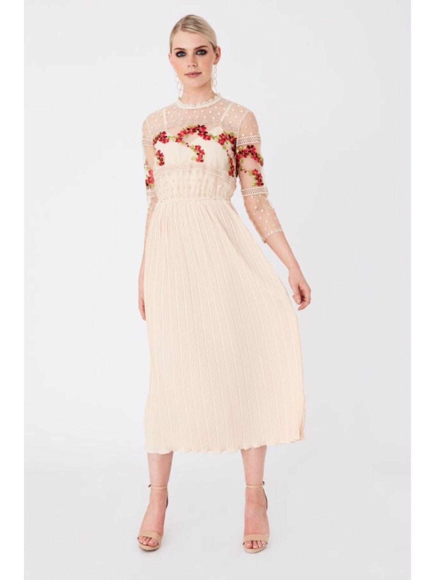 hana nude floral-embroidered midi dress (l)