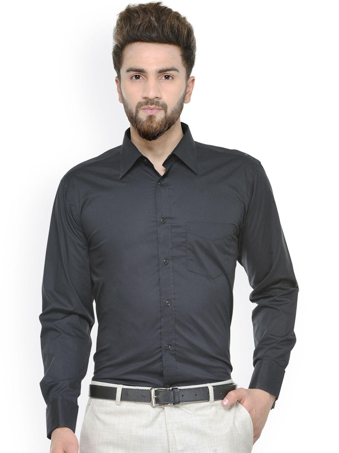 hancock men black solid french cuff regular fit pure cotton formal shirt
