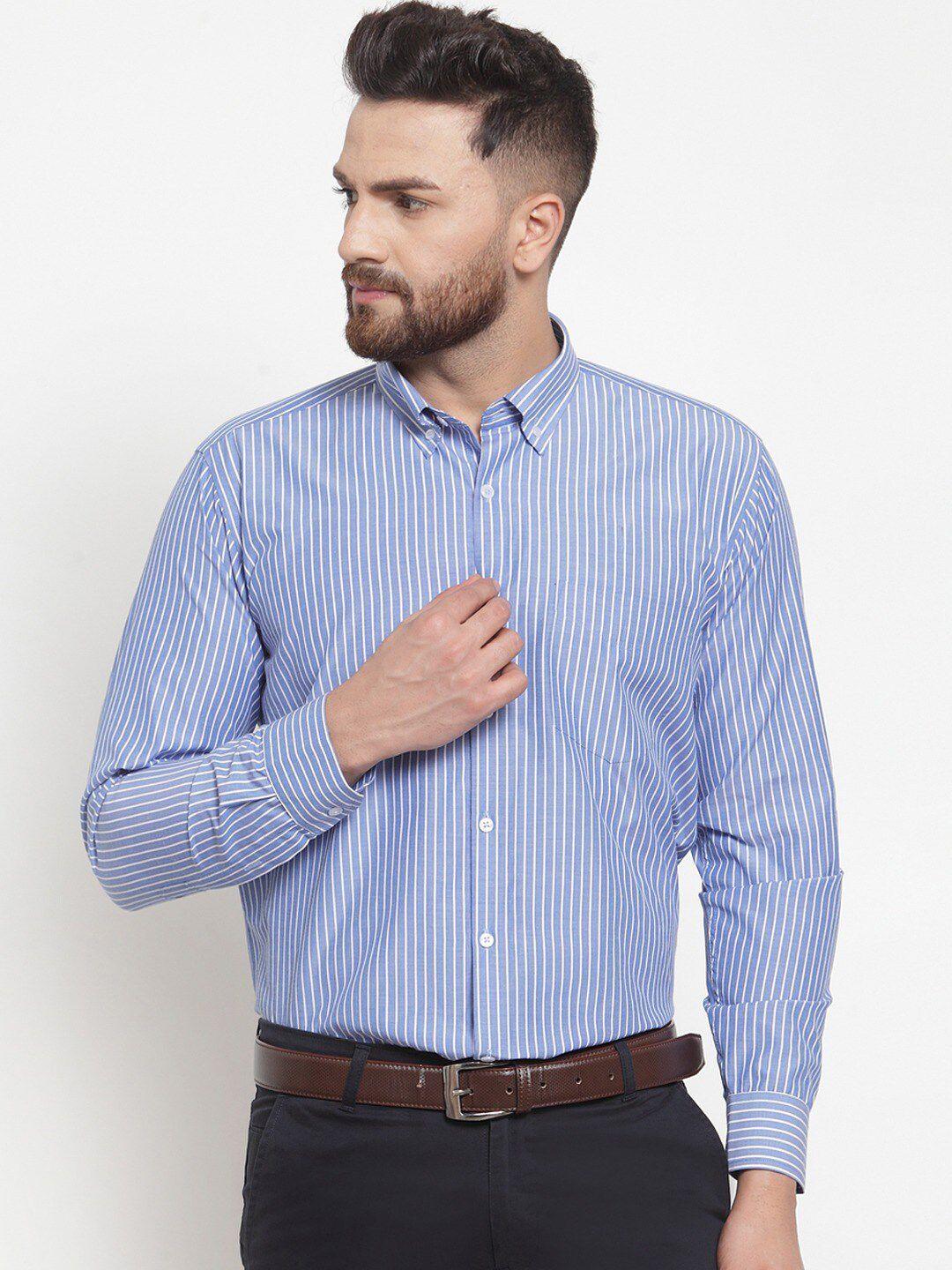 hancock men blue & white slim fit opaque striped cotton formal shirt