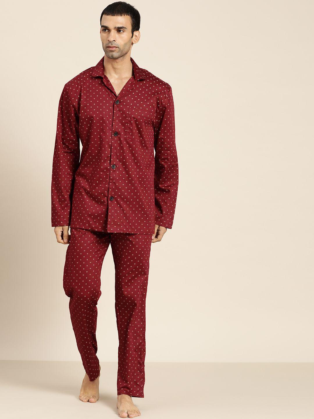 hancock men maroon printed pure cotton pyjama sets