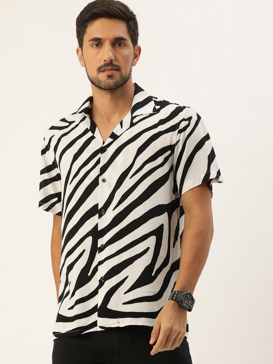 hancock men white & black regular fit zebra print casual shirt