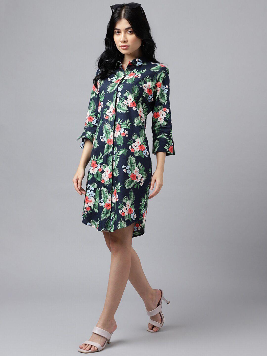 hancock  floral printed shirt collar cuffed sleeves cotton shirt dress