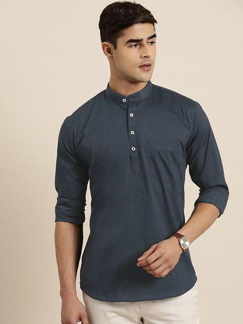 hancock blue cotton slim fit solid kurtas