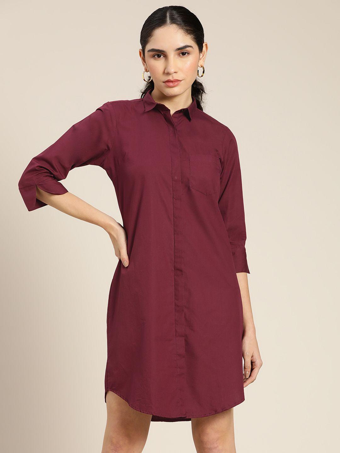 hancock burgundy solid pure cotton shirt dress