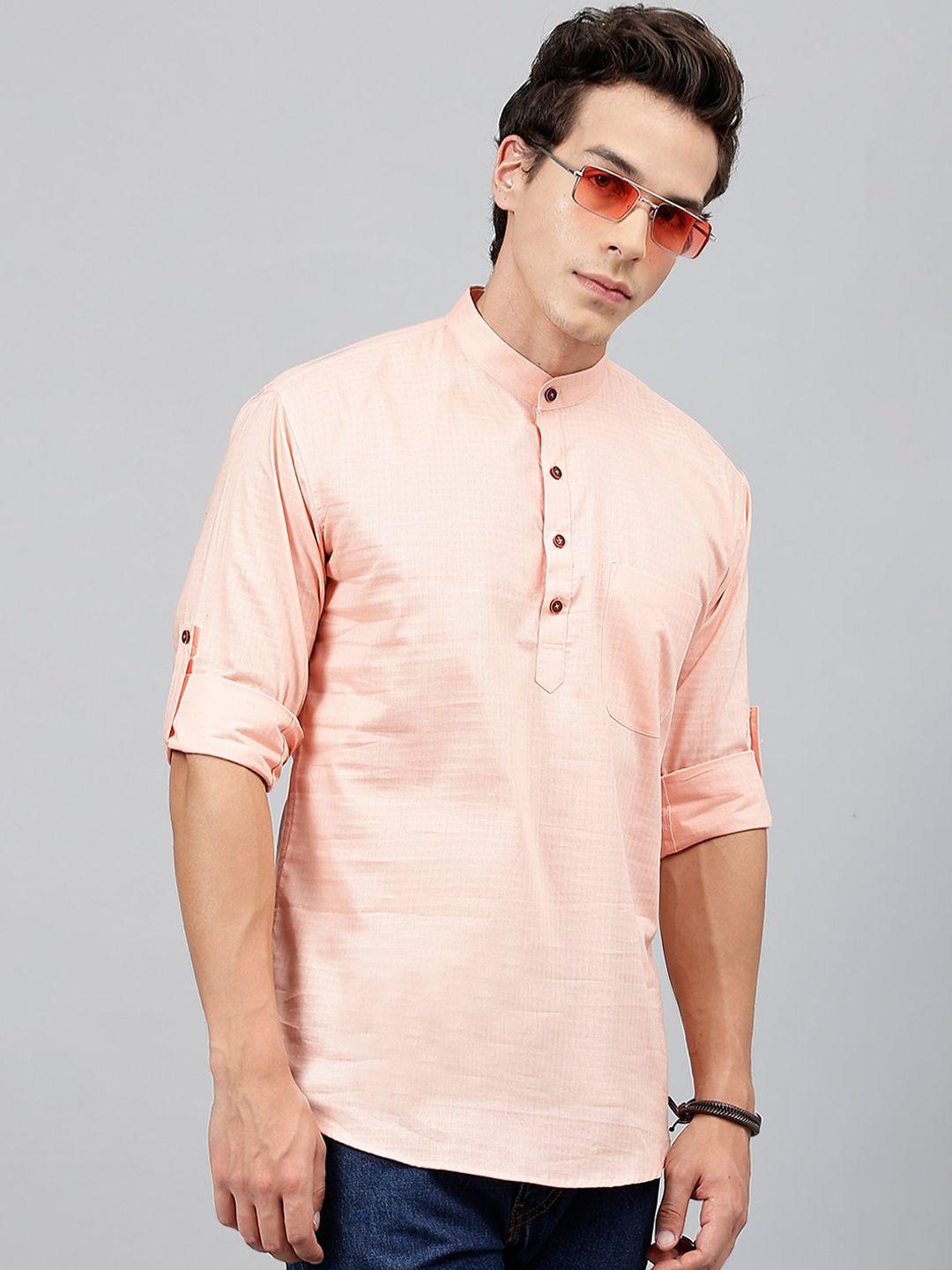 hancock checked band collar roll up sleeves pure cotton short kurta