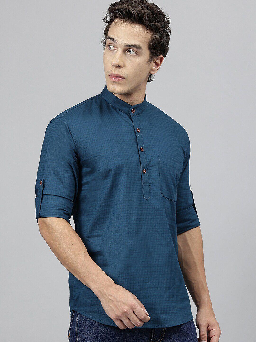 hancock checked band collar roll up sleeves pure cotton short kurta