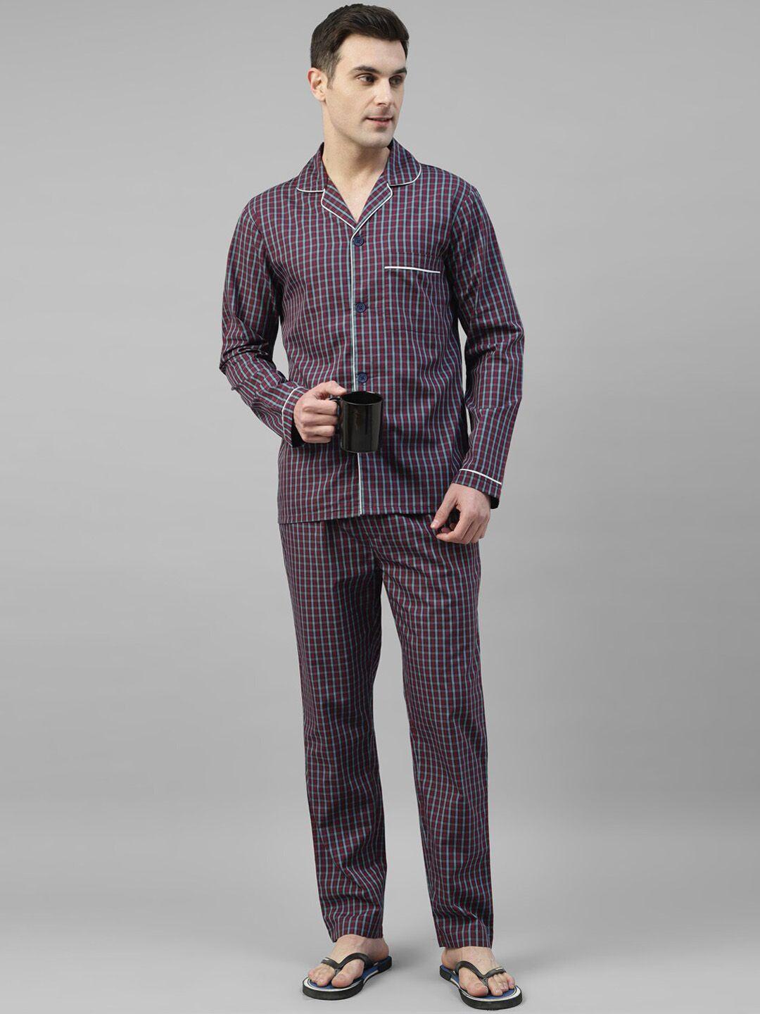 hancock checked lapel collar long sleeves cotton relaxed fit night suit 28030navy- red