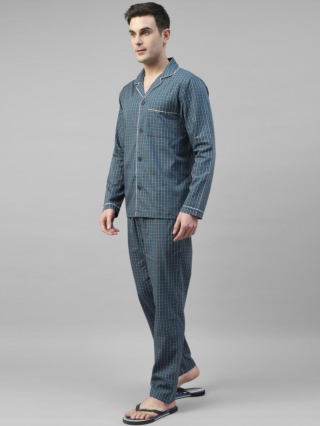 hancock checked lapel collar long sleeves cotton relaxed fit night suit 28030navy-blue